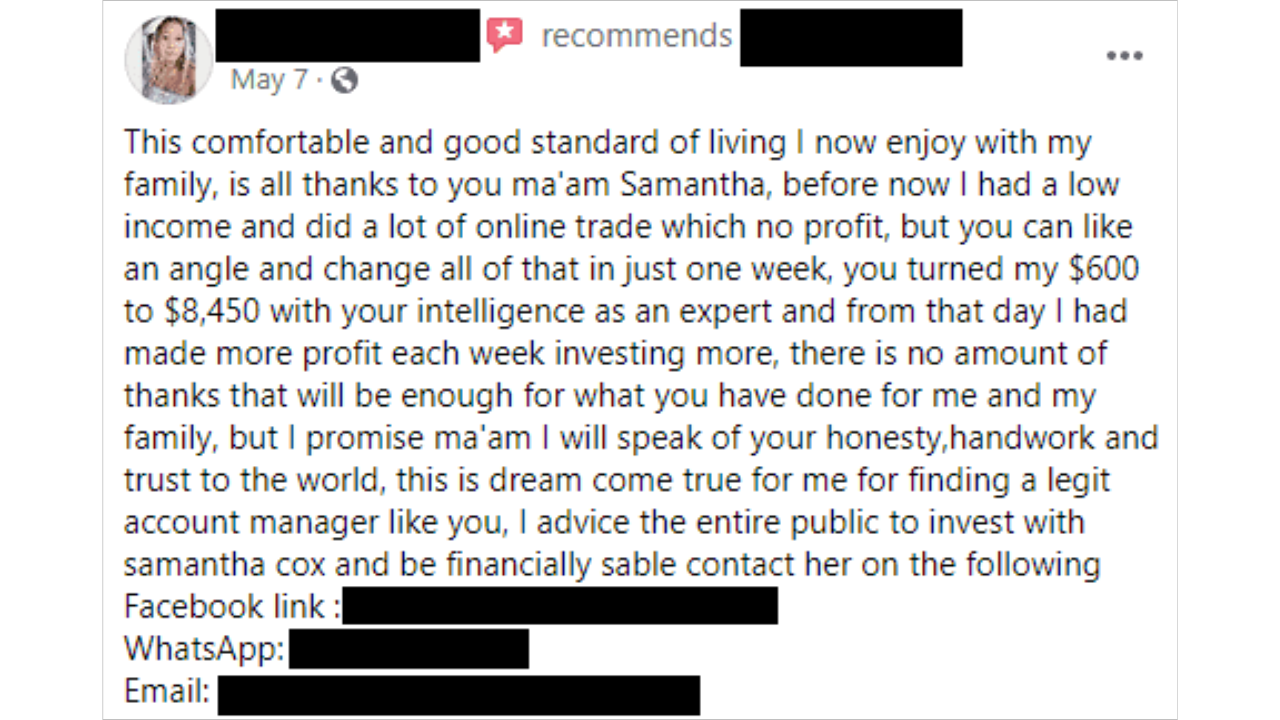 An example of a spam review on a Facebook business page
