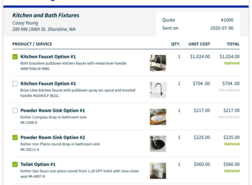 Example of an itemized quote with optional add-ons made in Jobber