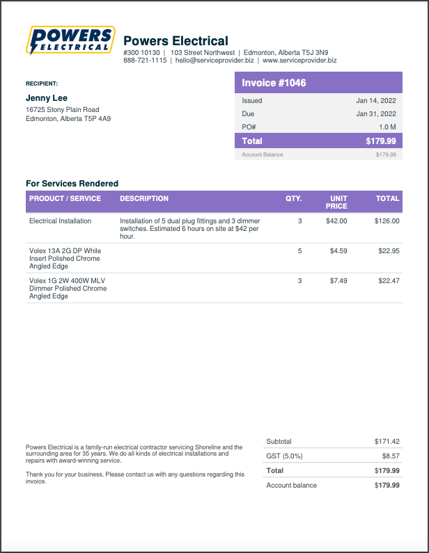 Example of an electrical invoice template made in Jobber's electrical invoicing software