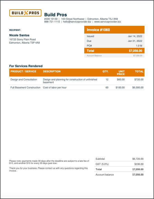 Example of a construction invoice template PDF made with Jobber