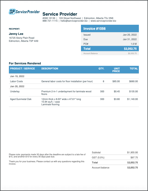 flooring invoice template example