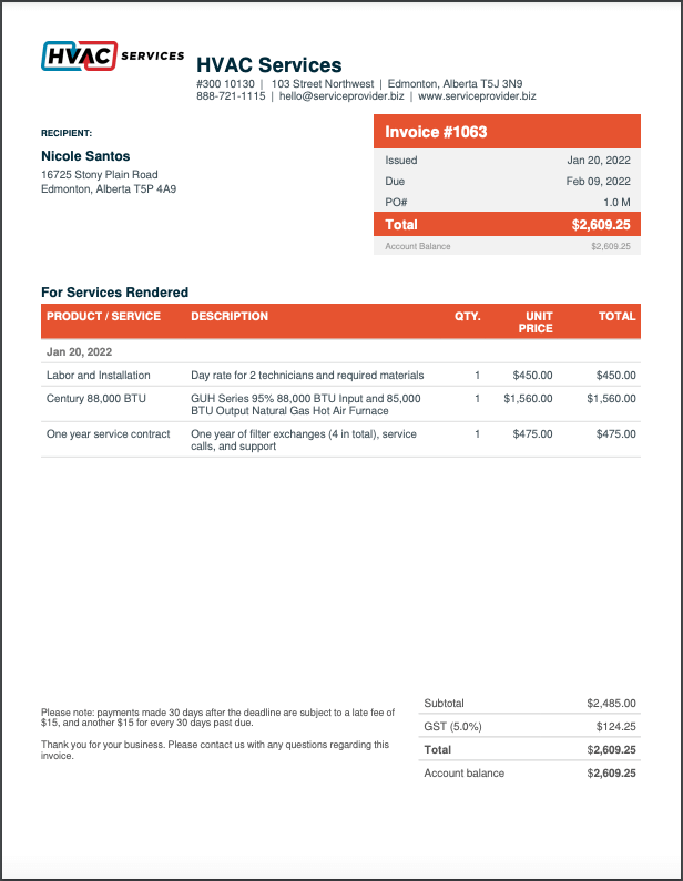 HVAC invoice template example