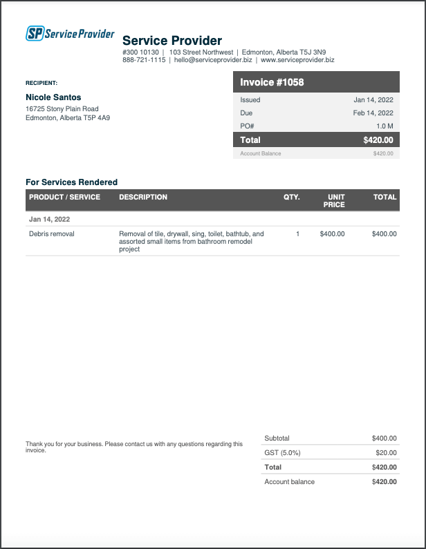 Junk removal invoice template example