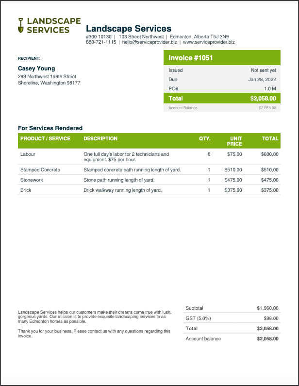 Example of a landscape invoice template PDF made with Jobber