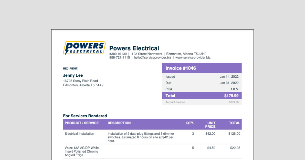 Example of an electrical invoice template PDF made with Jobber