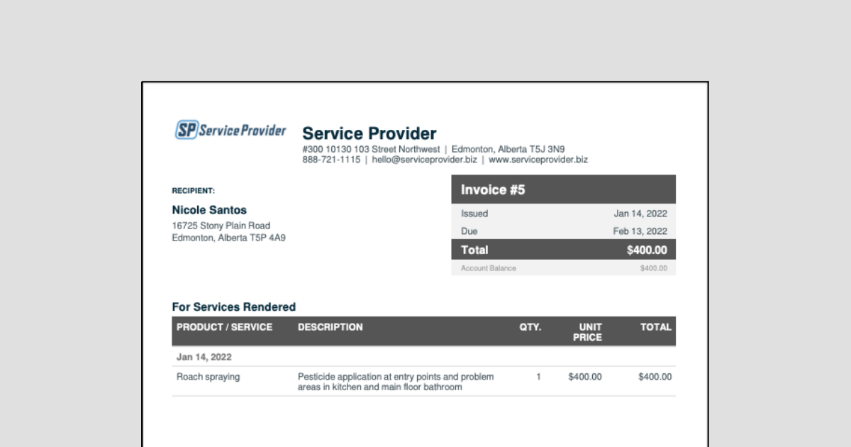 Preview of pest control invoice template