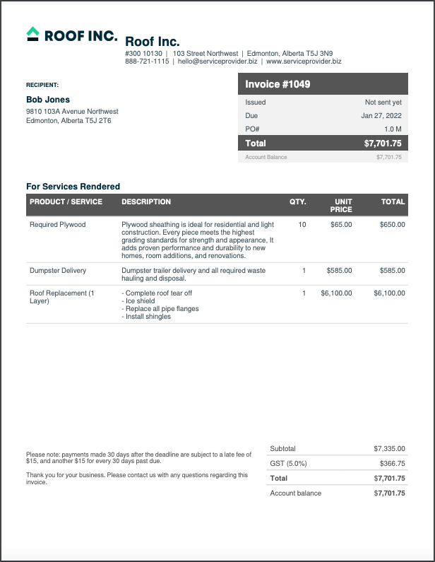 Example of a roofing invoice template made with Jobber