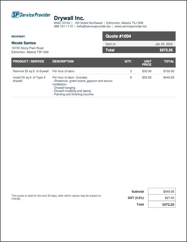 example of drywall estimate template