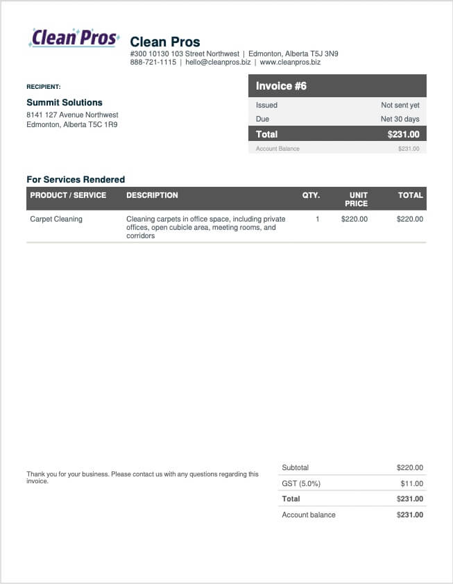 Example of a carpet cleaning invoice made with Jobber