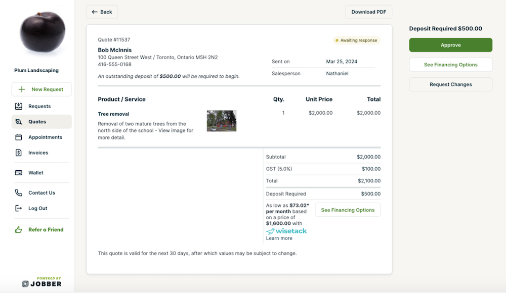Consumer financing on a Jobber quote