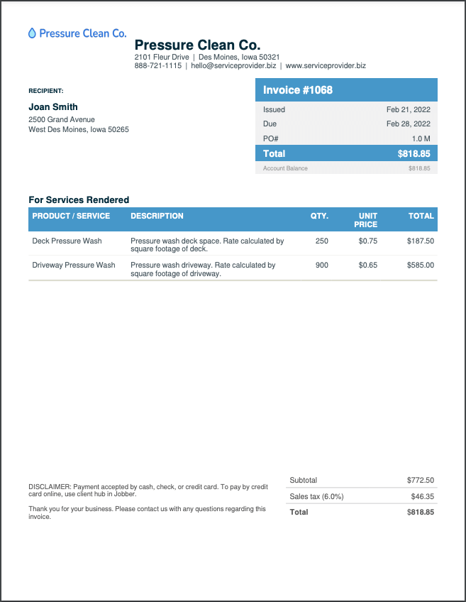 Example of a pressure washing invoice made with Jobber