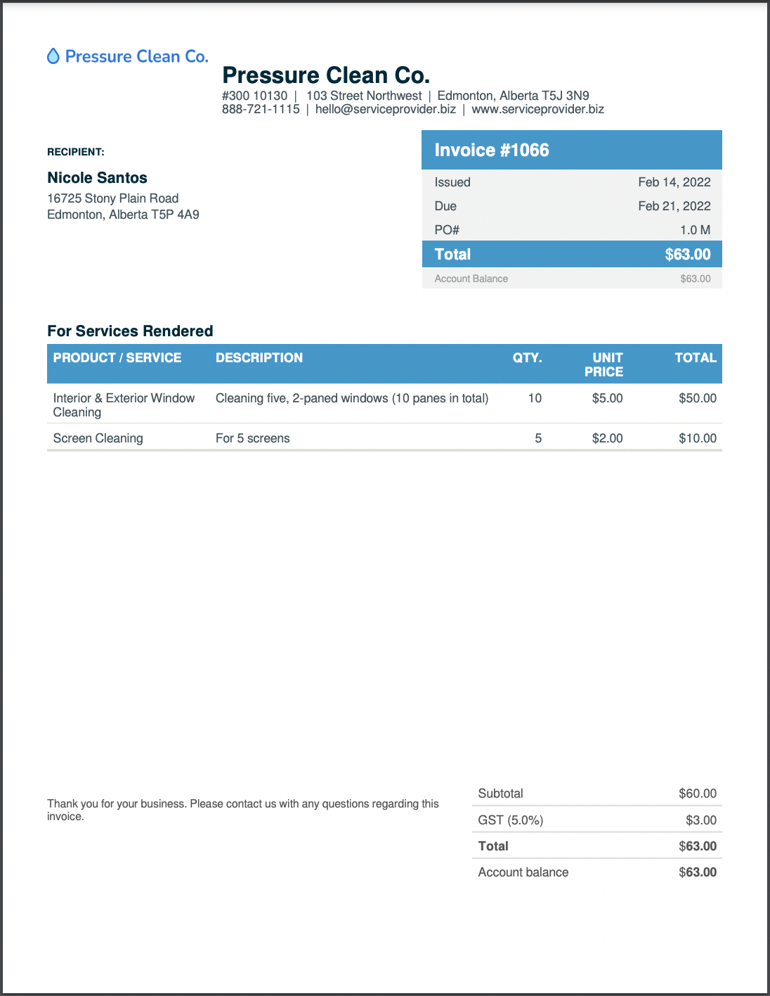 Example of a window cleaning invoice template PDF made with Jobber