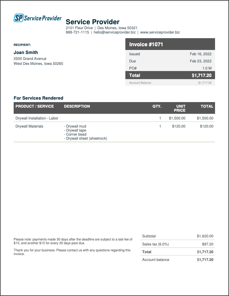 Example of a drywall invoice made with Jobber
