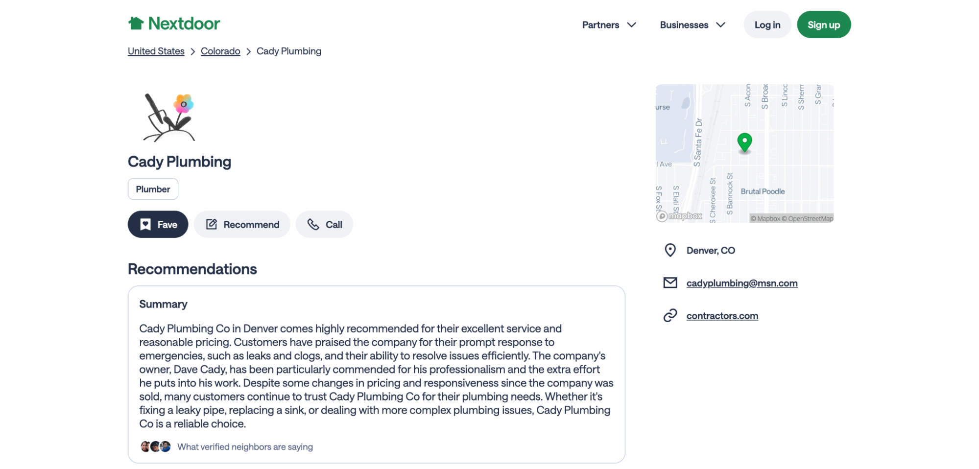 A screenshot of a the profile of a plumbing company called Cady Plumbing on Nextdoor.
