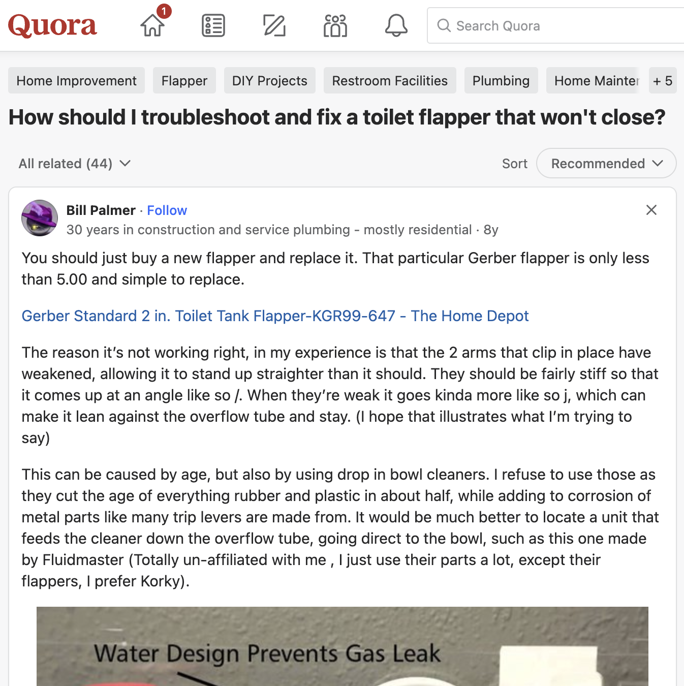 A screenshot of a Quora question about a toilet flapper that won't close and a plumber's response.