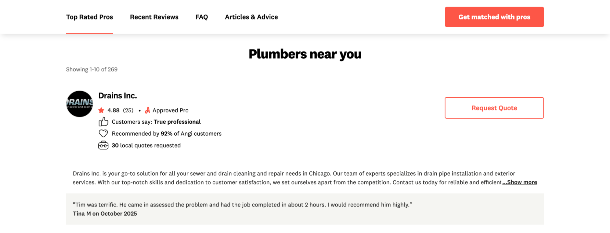 A profile of a plumbing company called Drains Inc. on the lead generation website Angi Leads.