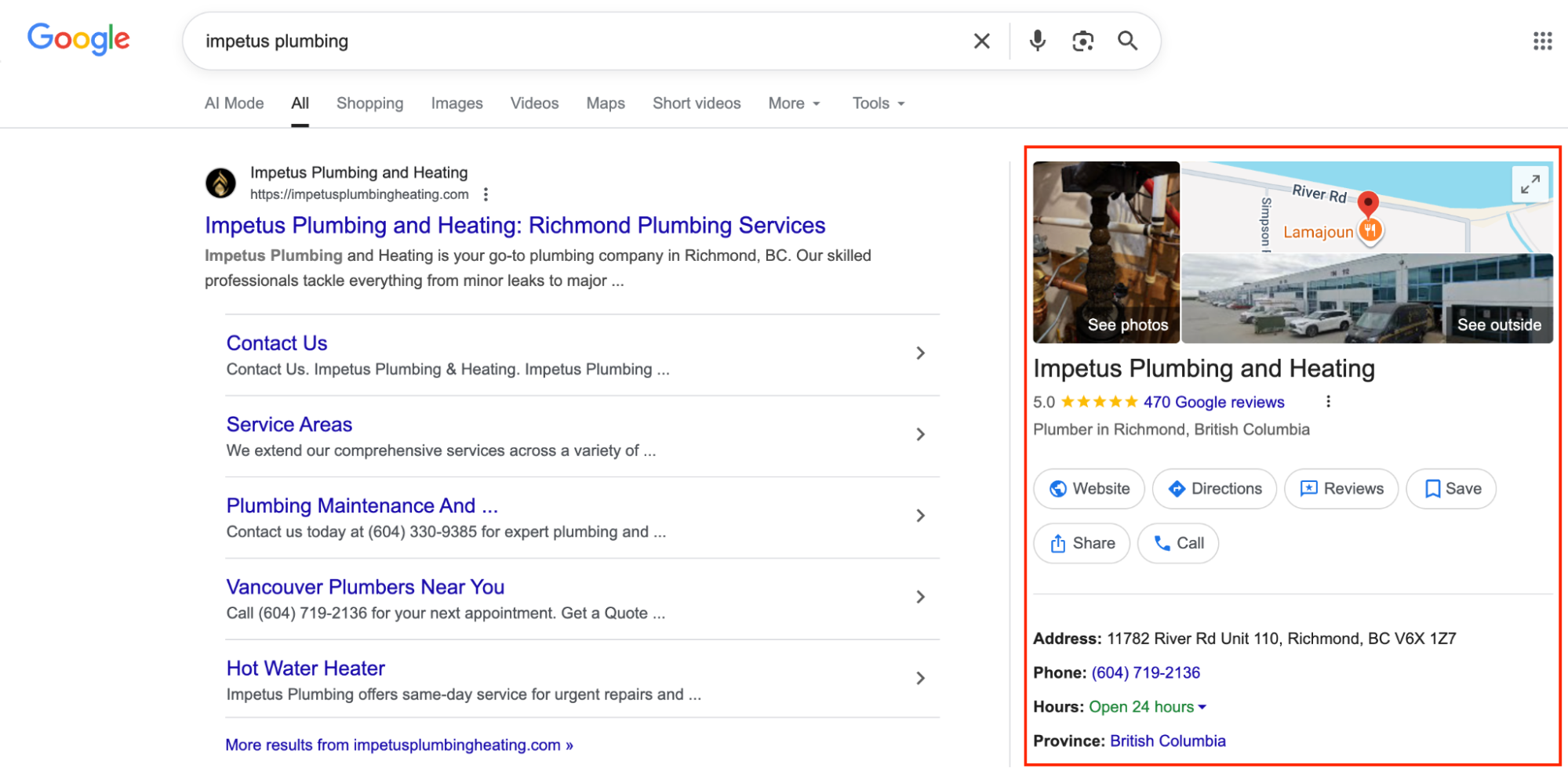 A screenshot of a Google search results page for Impetus Plumbing, showing its Google Business Profile highlighted on the right side.