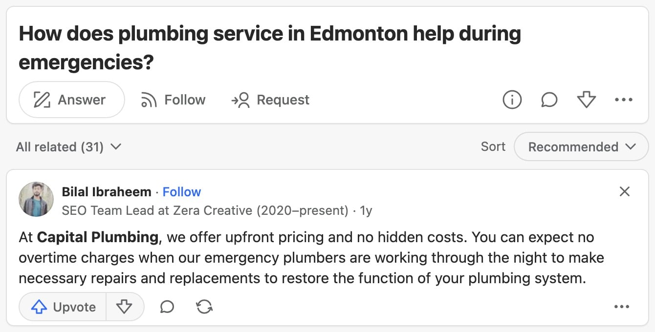 Example of plumbing question and answer on Quora