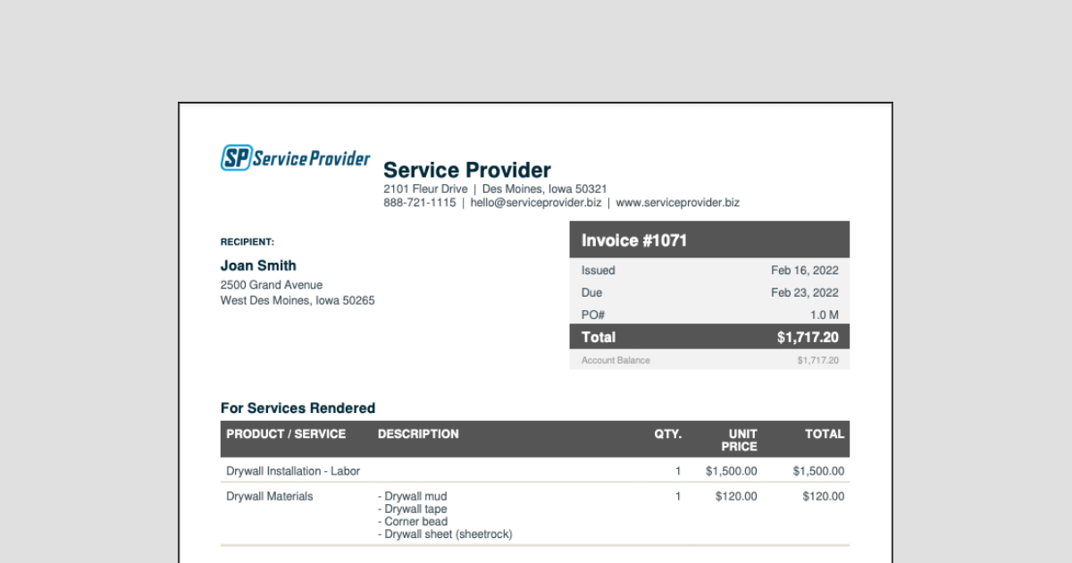 preview of drywall invoice template