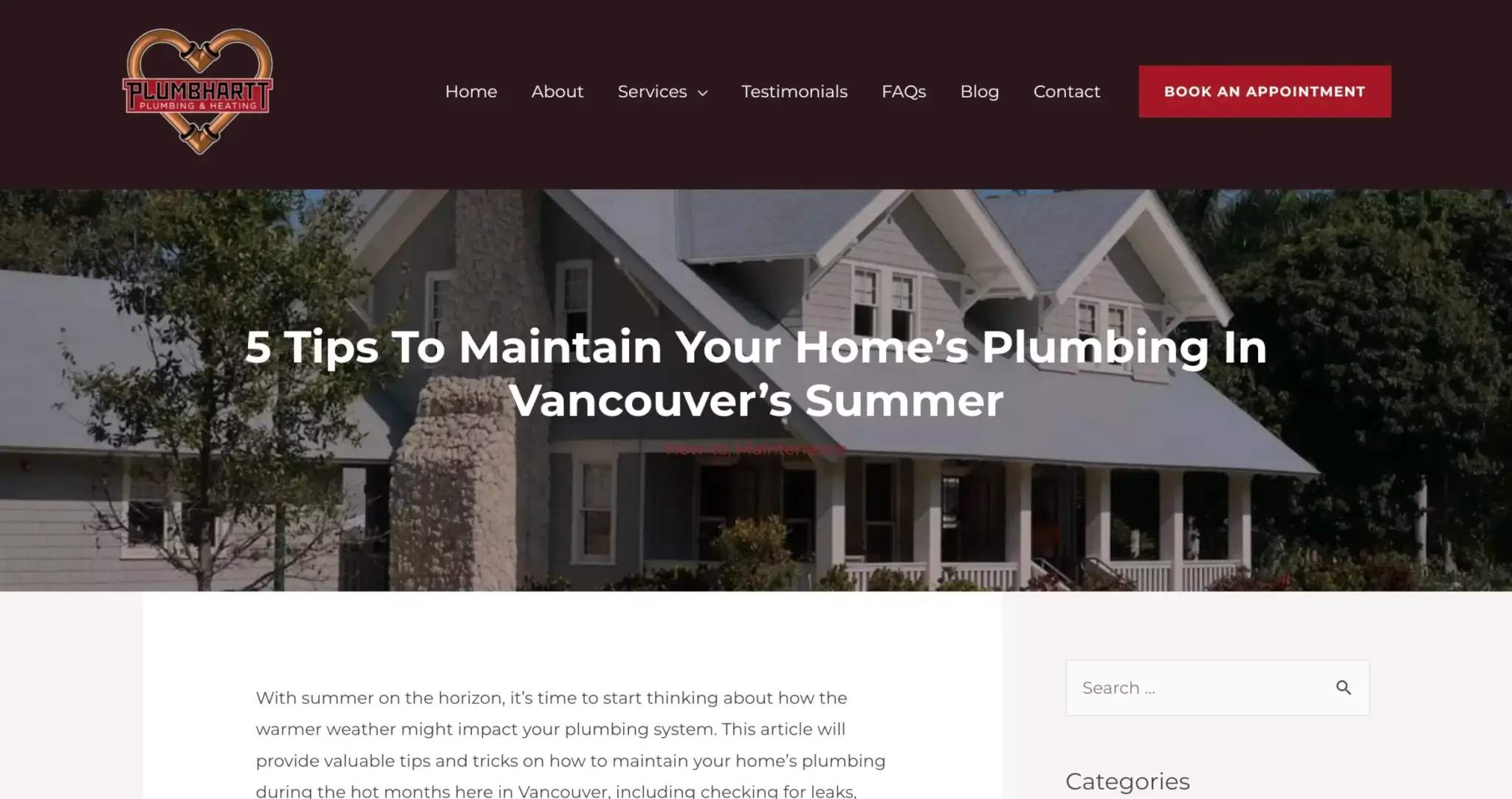 screenshot of a plumbing website exsample with a blog