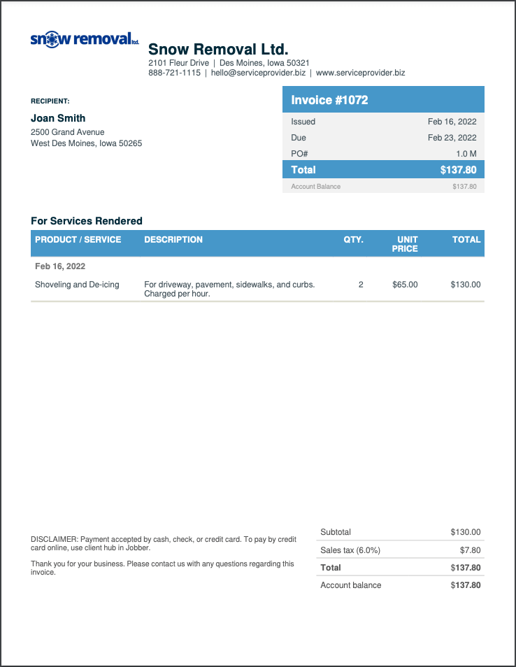 snow removal invoice template