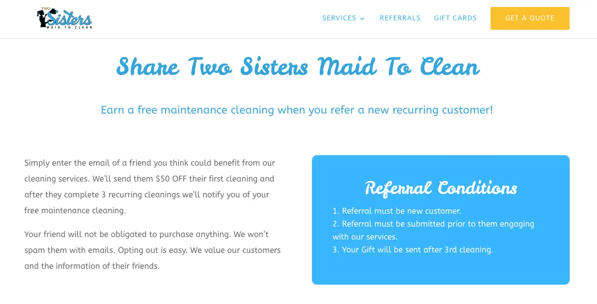 Double-sided incentive referral program on a cleaning company website
