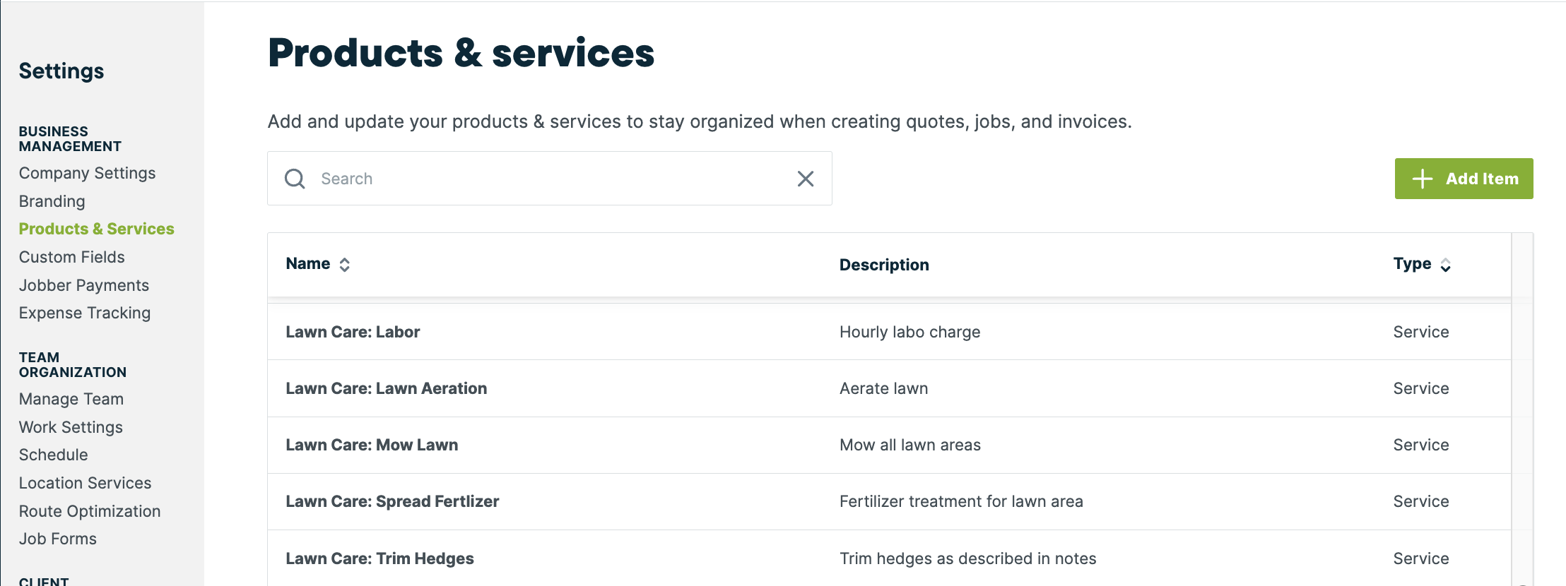 image of lawn care services list in Jobber