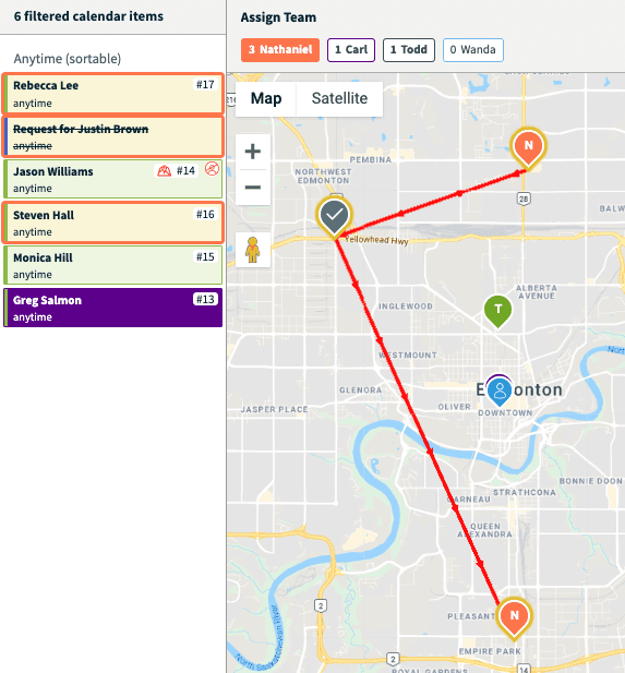 A map view of the route optimization feature in Jobber