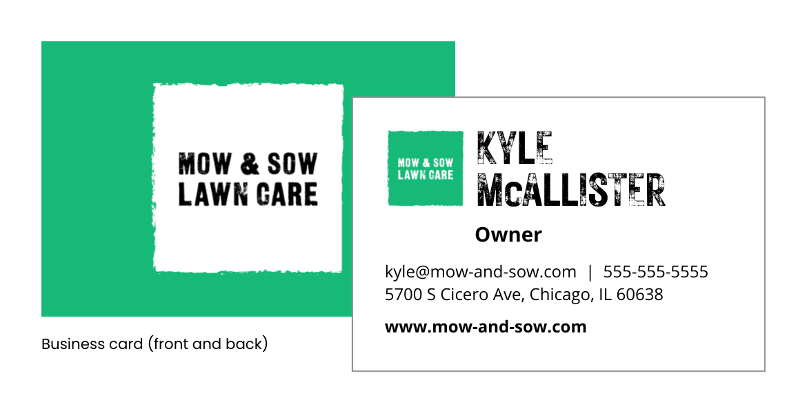 lawn care advertising examples - business cards (front and back) for Mow & Sow's owner Kyle