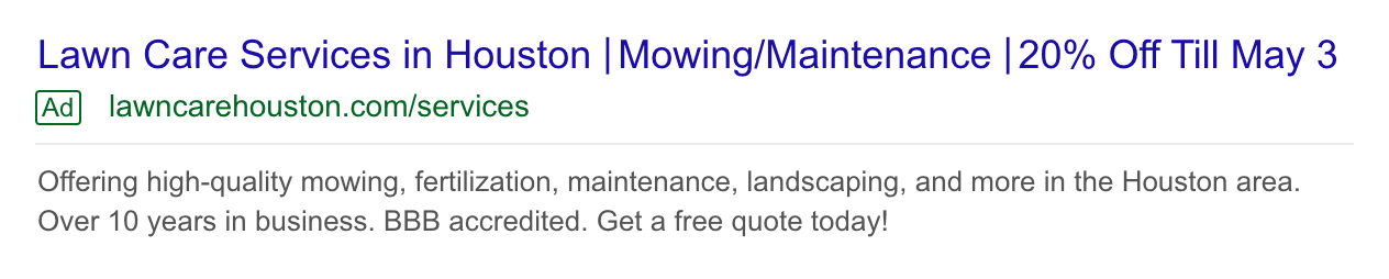 lawn care advertising examples - google search ad for lawn care services in Houston