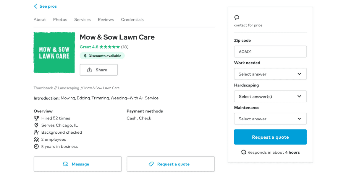 lawn care advertising examples - thumbtack profile with logo, name, star rating, introduction, overview, payment methods, and contact methods