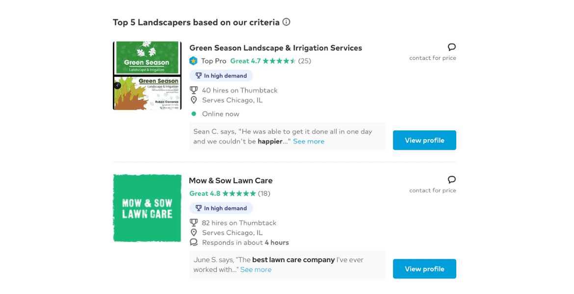 lawn care advertising examples - thumbtack search results with two business listings, including Mow & Sow Lawn Care