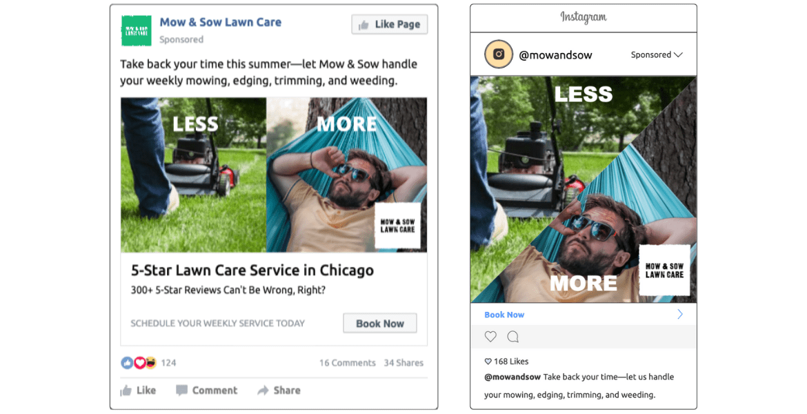 sample lawn care facebook ads and instagram ads with text and imagery