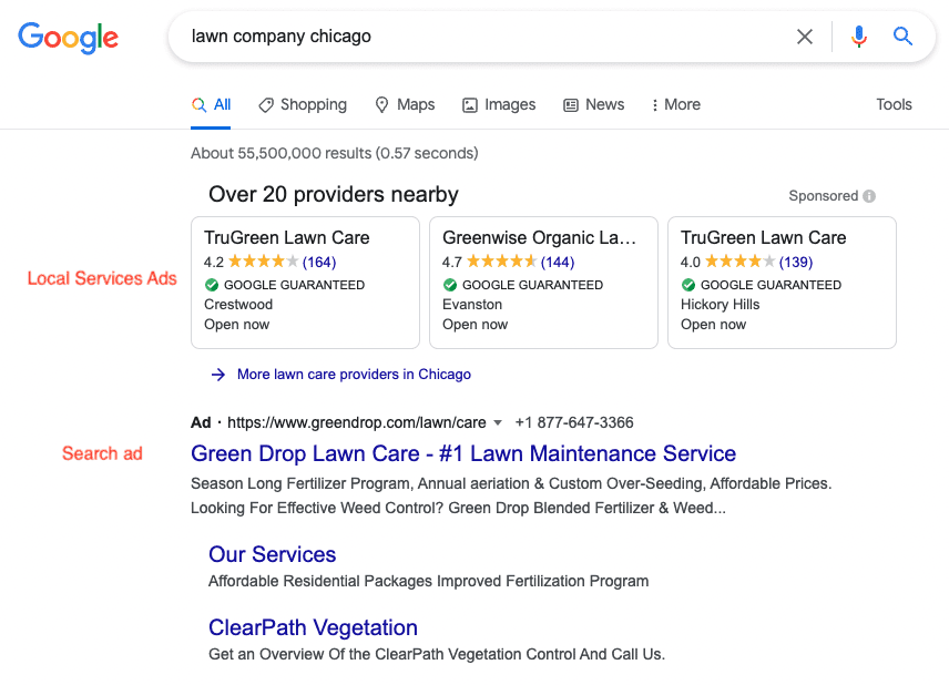 lawn care marketing - search engine advertising example with Local Services Ads and search ad