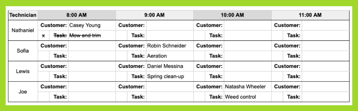 Lawn mowing schedule template preview