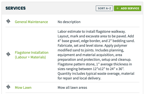 Services list with descriptions in Jobber