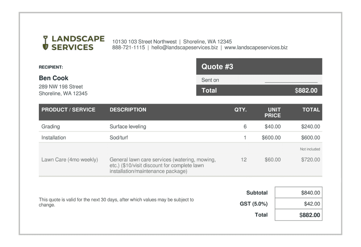 Example of a landscaping service quote with a service bundle included