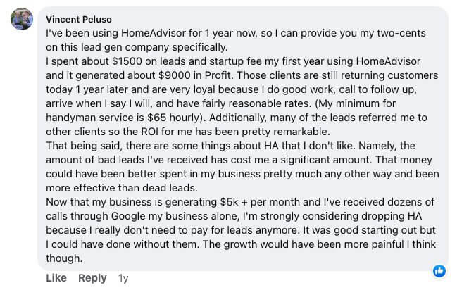 HomeAdvisor Facebook Review