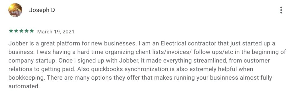 image of electrical contractor Google Review of Jobber