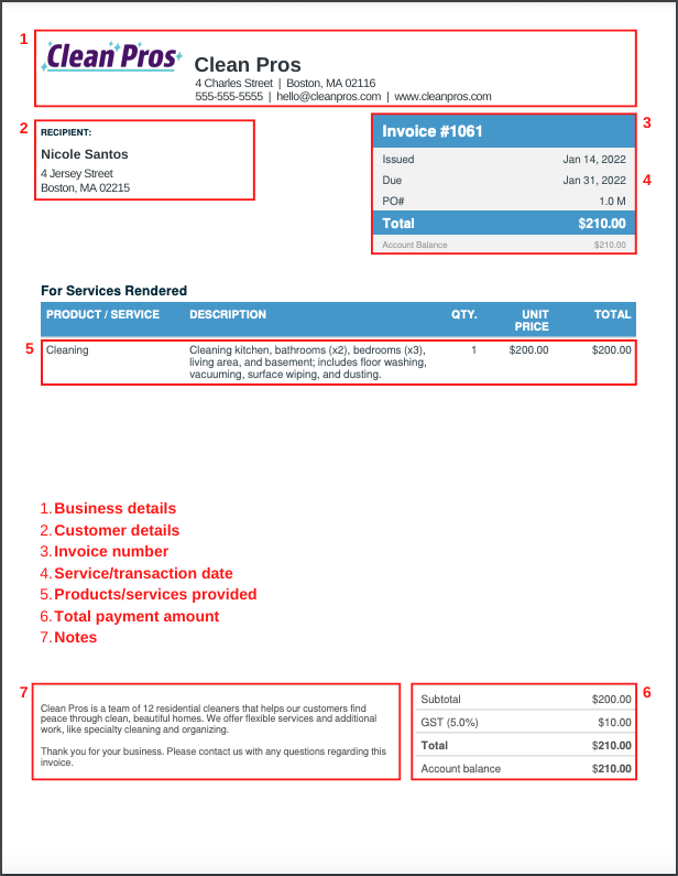 Cleaning invoice template - markup screenshot