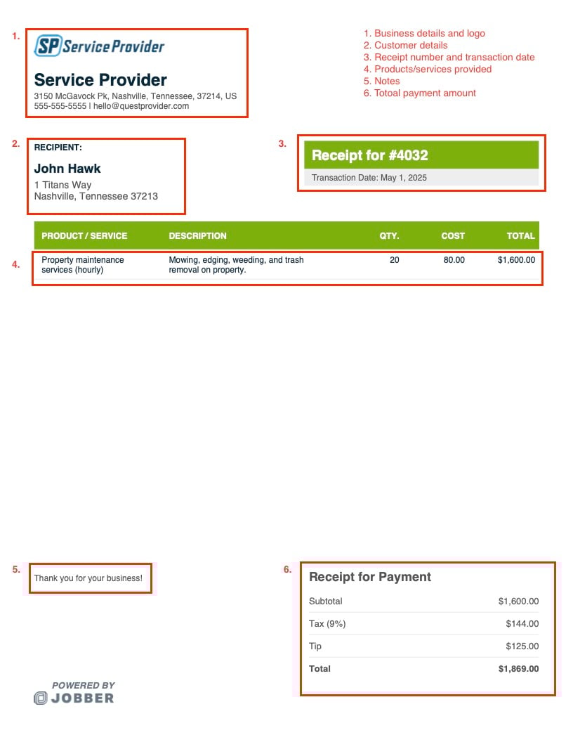 Annotated image of a receipt made with Jobber's receipt template