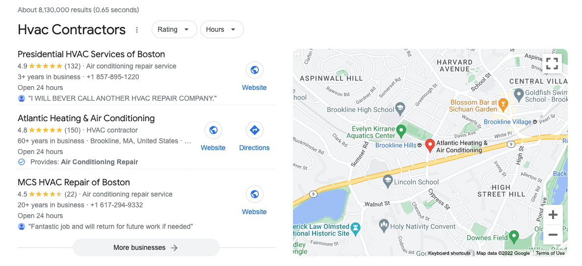 A preview of HVAC companies in Boston with Google Business Profiles