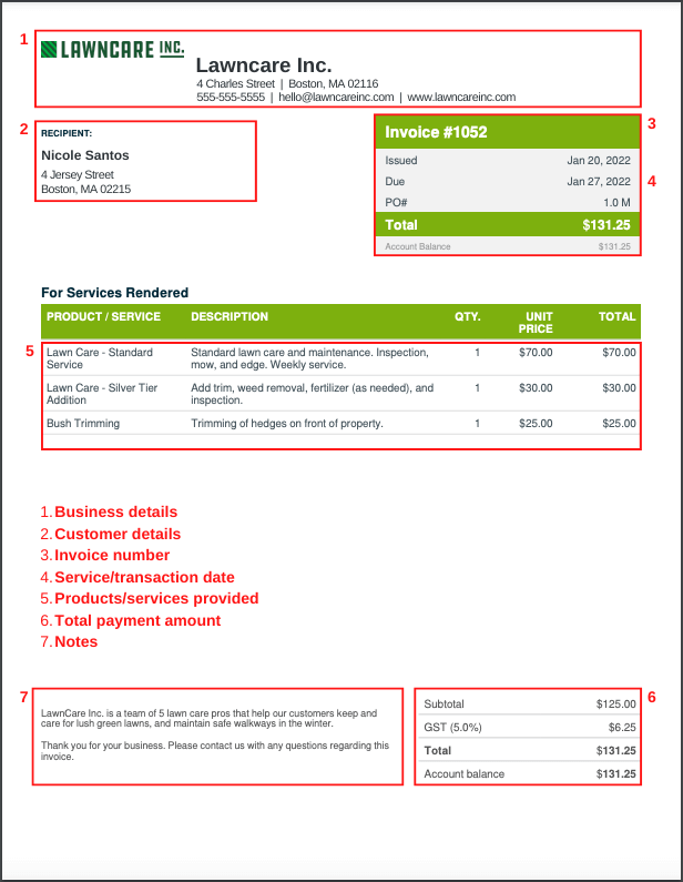 Lawn care invoice template - markup screenshot
