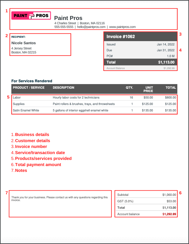 Sample painting invoice template - markup screenshot