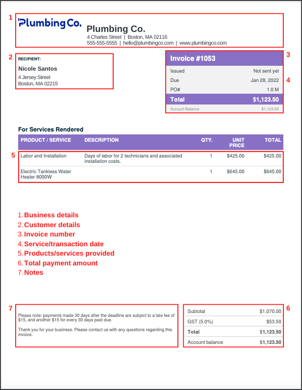 Plumbing invoice template - markup screenshot