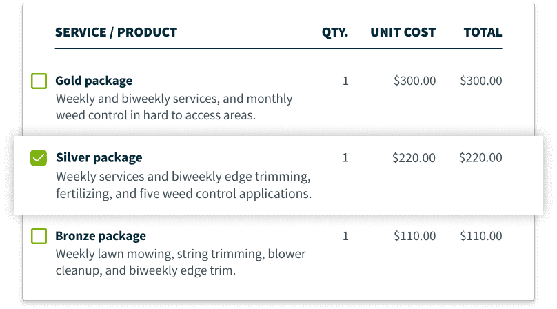 image of optional packages in Jobber