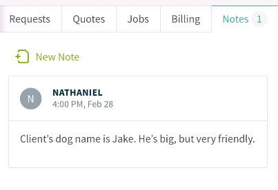 image of note in client file on Jobber