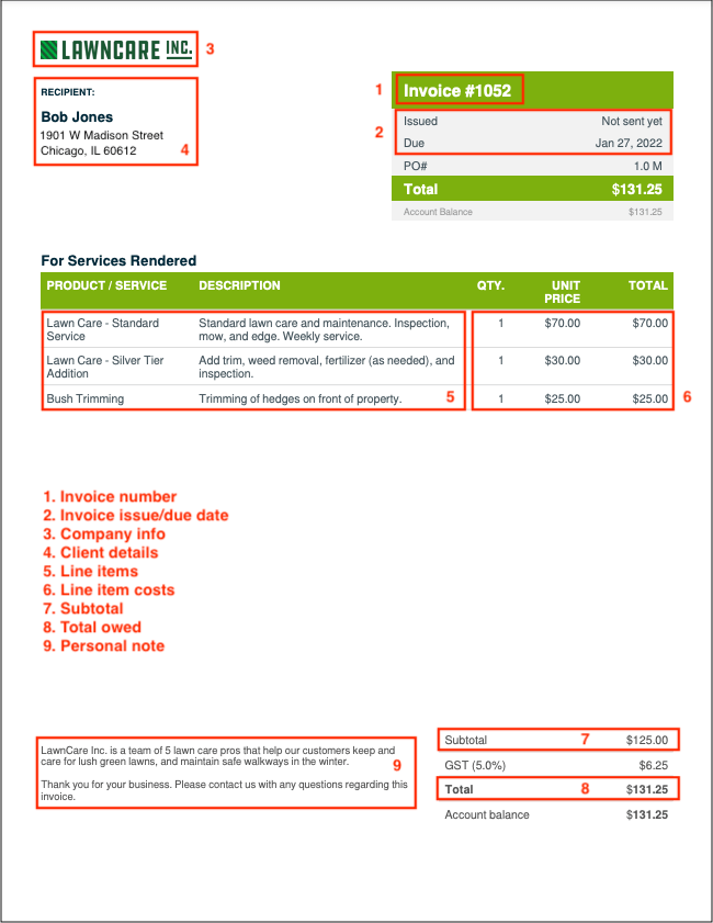 invoice template example with markup