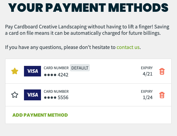 image of saved payment methods in Jobber