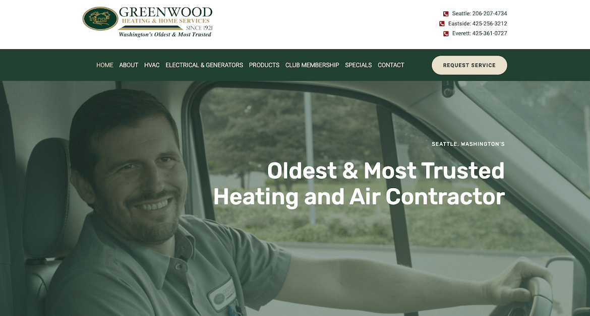 Example of an HVAC website design with a friendly photo and great headline on the homepage